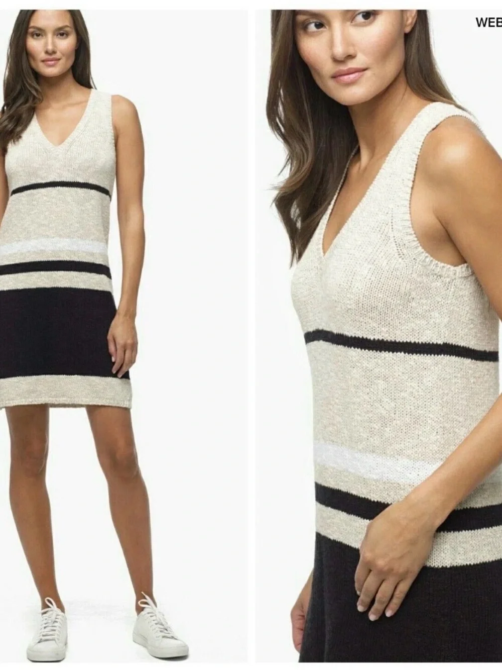 James Perse Los Angeles Cotton Linen Ivory Striped Sweater Knit Dress
